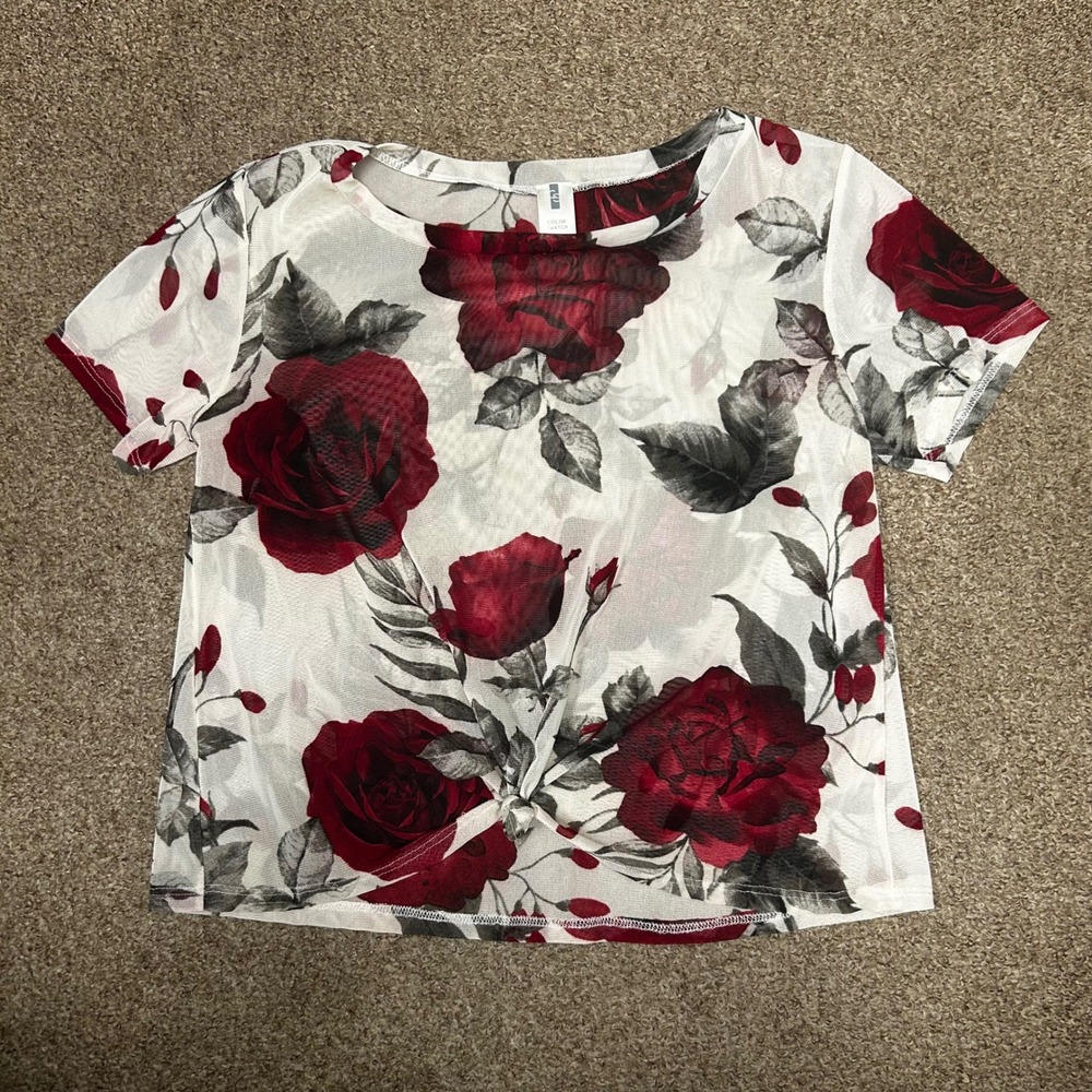 Red Rose Floral Sheer Mesh Front Knot Crop Top Short Sleeve USA Made Y2K Grunge